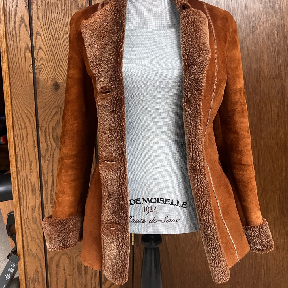 Women’s Brown Tan Suede Shearling Jacket XS/S Real Sheepskin Sherpa Fur Warm - Picture 5 of 16
